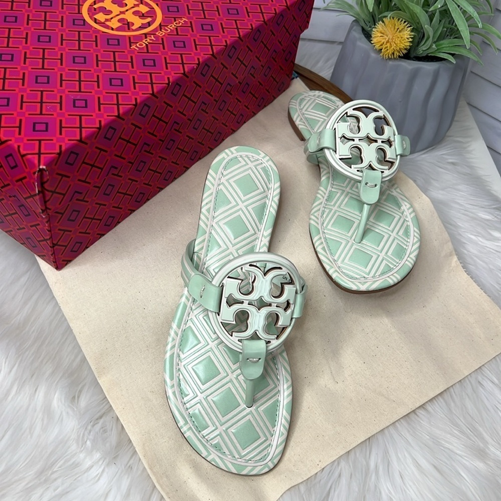Tory BurchvMetal Miller Leather Sandal Ivory Meadow Mist Summer New Size 6.5